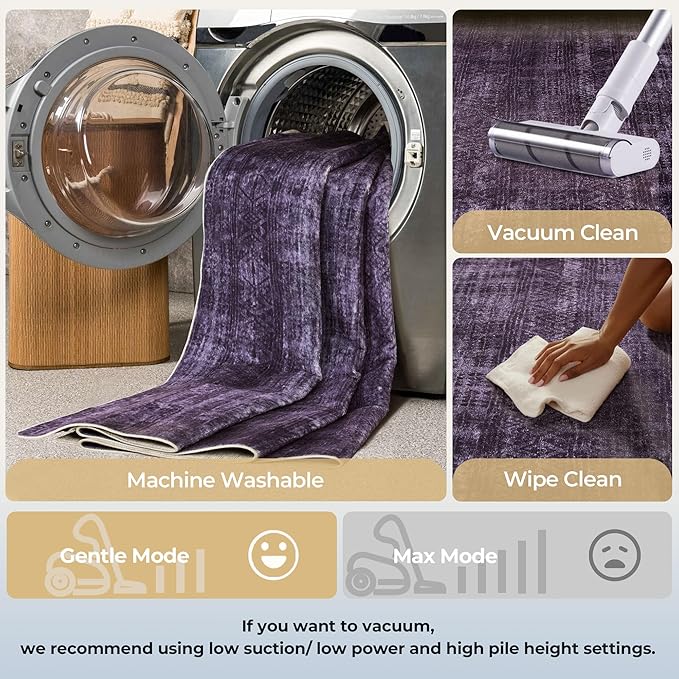 Kokia Abstract Area Rugs Washable Indoor 6x9 Rug Boho Distressed Retro Low Pile Non-Slip Non-Shedding Carpet Bedroom Living Room Dining Room, Purple Rug, Oslo Dusty