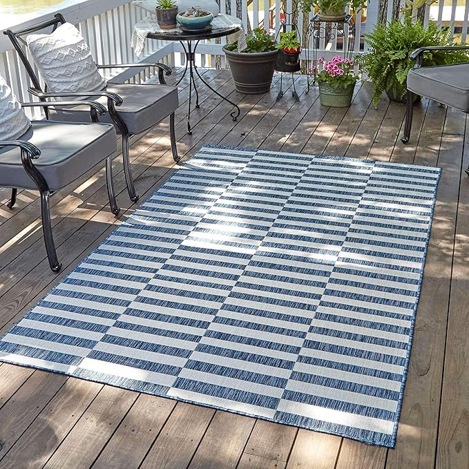 Unique Loom Outdoor Collection Classic Stripes, Transitional Indoor & Outdoor Area Rug, 9' 0 x 12' 0, Navy Blue/Ivory