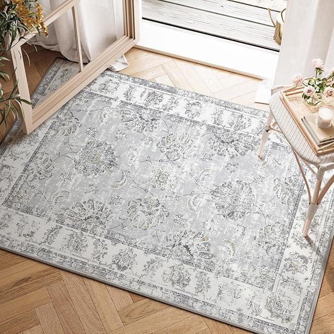 jinchan Fiora Floral 2x3 Rugs for Entryway - Vintage Washable Small Non-Slip Distressed Indoor Doormat Ultra-Thin Low-Pile Accent Rug for Entrance Kitchen Bedroom Bathroom (2x3ft, Grey)
