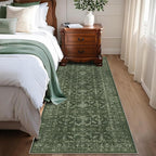 Washable Area Rug 2x6 Green Runner Rugs for Living Room, Vintage Boho Hallway Large Rug for Bedroom Dining Room Office, Distressed Floral Carpet for Under Table, Soft Non Slip Low Pile Throw Carpet