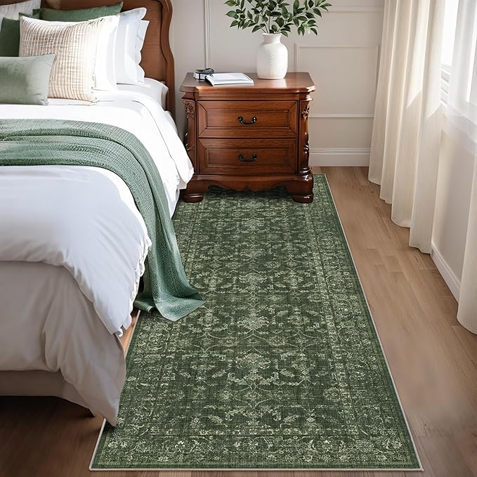 Washable Area Rug 2x6 Green Runner Rugs for Living Room, Vintage Boho Hallway Large Rug for Bedroom Dining Room Office, Distressed Floral Carpet for Under Table, Soft Non Slip Low Pile Throw Carpet