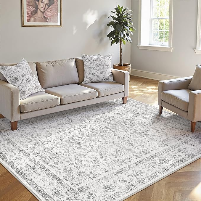 Grey 4x6 Entryway Rug Vintage Area Carpet Indoor Kitchen Washable Door Mat Entrance Small Low Pile Traditional Distressed Retro Accent Throw Rug Non Slip Office Bathroom