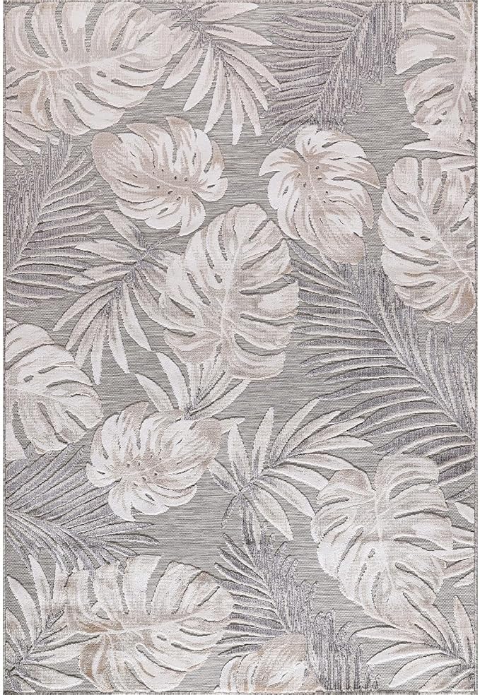 CAMILSON Indoor Outdoor Rug, Beige 6’x9’ Leaf Tropical Botanical Area Rugs for Indoor and Outdoor patios, Easy-Cleaning Non-Shedding Living Room, Garden and Kitchen Washable Outside Carpet (6x9)