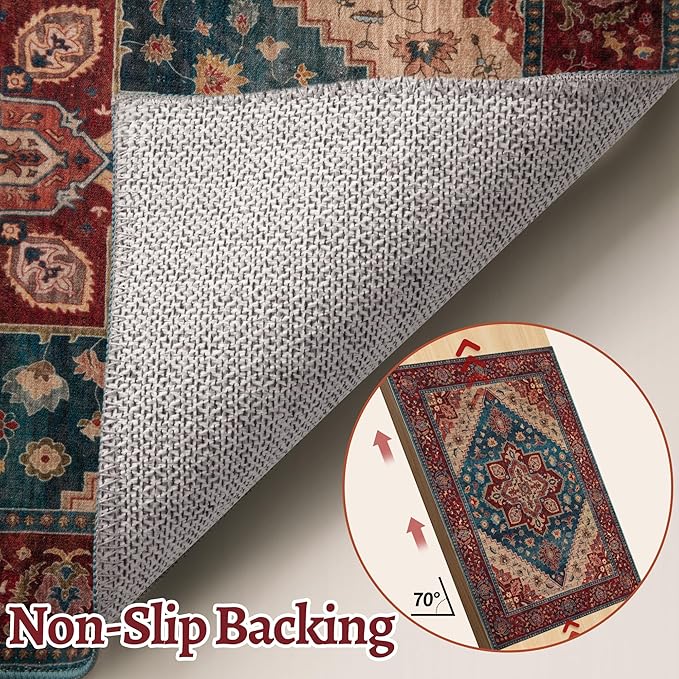 Tangsoo 2x6 Washable Runner Rug for Hallways, Non Slip Vintage Runner Rug, Soft Boho Low Pile Long Rug Runner, Print Distressed Red Carpet Runners for Kitchen Bedroom Entryway Living Room Oriental