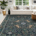Washable 9x12 Area Rug for Living Room - Dark Blue Dining Rugs for Under Table, 9 by 12 Low Pile & Soft Boho Room Décor for Bedroom, Bird & Floral Design, Non-Slip