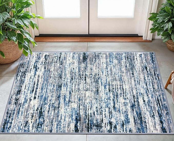 Modern Abstract Small Area Rug Indoor 3x5 Washable Rug Non-Slip Soft Entryway Rug Grey Blue White Kitchen Mats Thin Print Faux Wool Floor Carpet Throw Rugs for Entrance Bedroom Home Decor