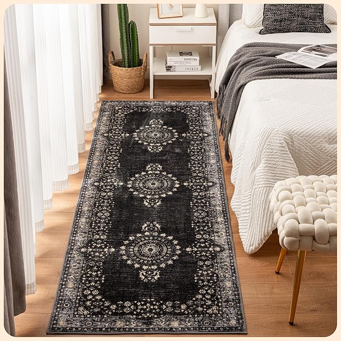 Istana Hallway Runner Rug 2.5x8 - Black Kitchen Rugs Non Slip Washable -Silk's Soft Touch Carpet Runner - Stylish Runner Rugs for Home