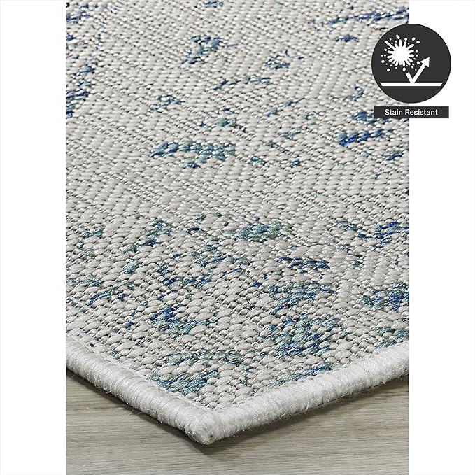 FH Home Flat Woven Outdoor Rug - Waterproof, Easy to Clean, Stain Resistant - Premium Polypropylene Yarn - Distressed Farmhouse - Patio, Porch, Deck, Balcony - Granada - Aqua - 5ft 2in x 7ft 6in