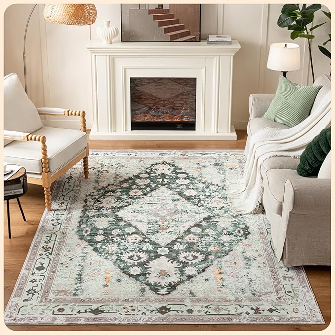 Istana 6x9 Area Rug - Light Green/Beige Rugs for Living Room 6x9 - Foldable Boho Rugs for Bedroom - Stain Resistant Washable Rug - Eco-Friendly Area Rugs - Easy to Clean Living Room Rug