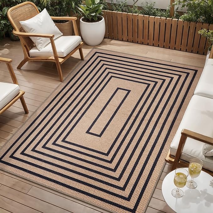 Tangsoo Easy Jute Area Rug 4x6 Washable Rug for Indoor Outdoor Patio,Non-Slip Black Geometric Indoor Outdoor Carpet,Boho Farmhouse Throw Mat for Front Porch Bedroom Living Room Foyer Balcony