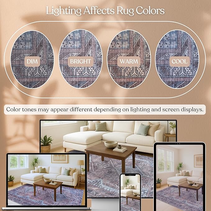 Fame Living Washable Area Rug. Modern Farmhouse. Vintage. Turkish. Bohemian. Distressed. Oriental. Traditional. Rugs for Living Room. Dining. Bedroom. Office. Entryway. Foyer. (863BM, 5' x 6'9")