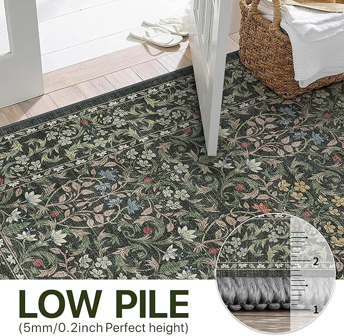 Bavni 5x7 Area Rugs for Living Room, Floral Rug Machine Washable Non Slip, Vintage Boho Forest Carpet, Soft Low Pile Thin Lightweight Rugs for Bedroom, Farmhouse, Dining Room Office, Emerald Green