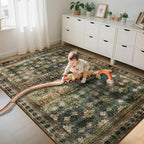 6x9 Washable Area Rug Non Slip, Thin Vintage Floral Living Room Rug Low Pile, Indoor Large Distressed Print Carpet for Bedroom, Dining Room, Farmhouse, Home Office, Dorm(Dark Green/Brown/Multi)