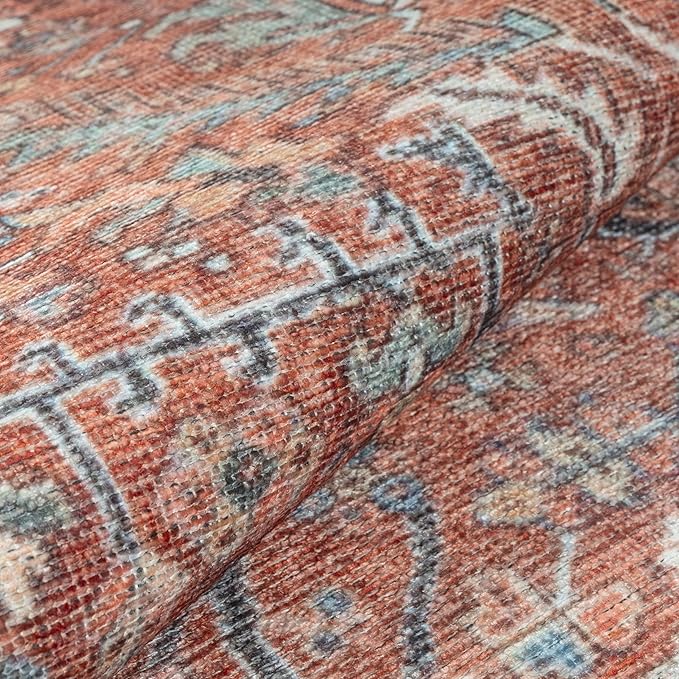 GLN Rugs Traditional Collection - Machine Washable Area Rug, Traditional Washable, Non Slip, Low Pile Chenille Rug, Living Room, Bedroom, Kitchen Rug (6' x 9' Terra/Multicolor 1168)