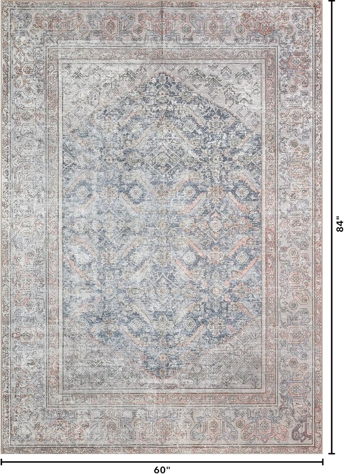 Kuden 5x7 Area Rug, Machine Washable Area Rug with Non-Slip Backing, Vintage Style, Soft, Easy Clean, Low Pile Rug for Living Room, Bedroom, Dining Room