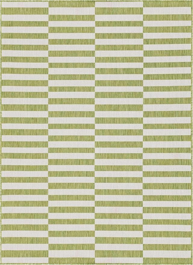 Unique Loom Outdoor Collection Classic Stripes, Transitional Indoor & Outdoor Area Rug, 8' 0 x 11' 0, Green/ Ivory