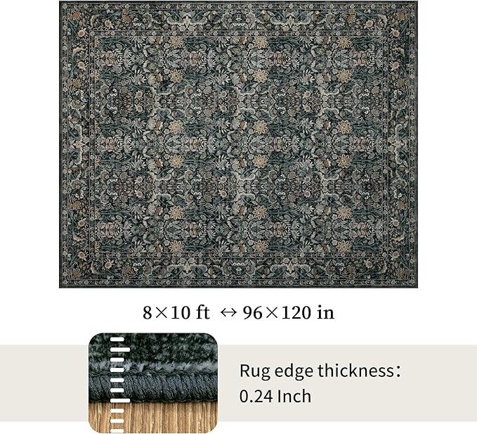 Washable Living Room Rug: 8x10 Boho Floral Soft Area Rug for Bedroom Decor - Vintage Low Pile Thin Carpet for Dining Room Non-Slip - Farmhouse Stain Resistant Rugs - Dark Green