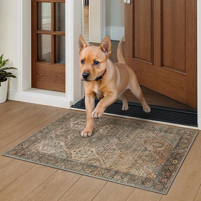 Bavni 2x3 Entryway Rug Bathroom Rugs for Front Door Bedroom Bathroom Kitchen, Washable Vintage Print Carpet, Ultra-Thin Chenille Lightweight Rug with Non Slip Backing, Warm Taupe