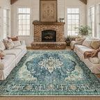 Area Rugs Square 8ft Washable Non-Slip, Floral Vintage Distress Print Pattern Medallion Carpet for Living Room Bedroom Dining Room, Dark Blue Vintage