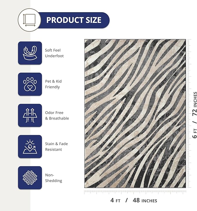 Abani Terra Area Rug for Living Room, Bedroom - Zebra Pattern - Black Cream - 4' x 6' - Durable & Easy to Clean