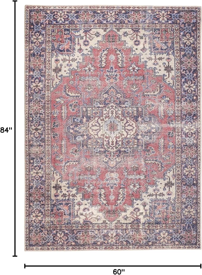GLN Rugs Traditional Collection - Machine Washable Area Rug, Traditional Washable, Non Slip, Low Pile Chenille Rug, Living Room, Bedroom, Kitchen Rug (5' x 7' Multi Blue)