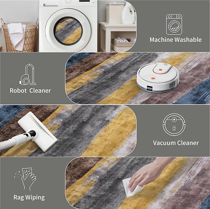 Ciicool Modern Abstract Yellow Gray Rug for Living Room, 4'x6' Machine Washable Area Rug Non-Slip Rug, Low-Pile Contemporary Indoor Dining Floor Carpet for Bedroom Office Under Table Home Decor