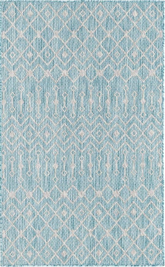 Unique Loom Outdoor Trellis Collection Area Rug - Tribal Trellis (3' 3" x 5' 3" Rectangle, Aqua/ Ivory)