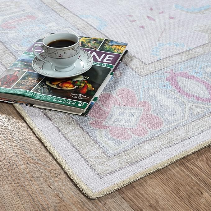Fame Living Pink Oushak Rug, Modern, Vintage, Turkish, Eclectic, Floral, Pastel, Washable, Area Rugs for Living Room, Dining, Bedroom, Office, Entryway, Foyer, Playroom, Nursery, 5'x6'9"