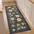DUKINO 2x5 Runner Rug for Hallway, Washable Kitchen Floral Runner Rug with Non Slip Backing, Low Pile Soft Boho Carpet for Kitchen, Hallway, Entryway, Laundry, Bedroom, Navy Blue