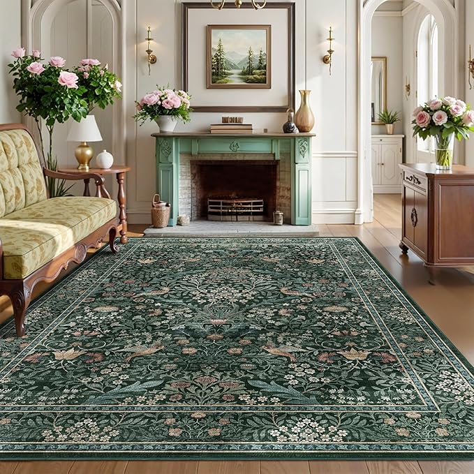 6x9 Floral Washable Area Rug for Living Room, Vintage Boho Rugs for Bedroom Dining Room, Botanical Birds Non Slip Low Pile Forest Throw Carpet for Farmhouse Office, Retro Green/Blue