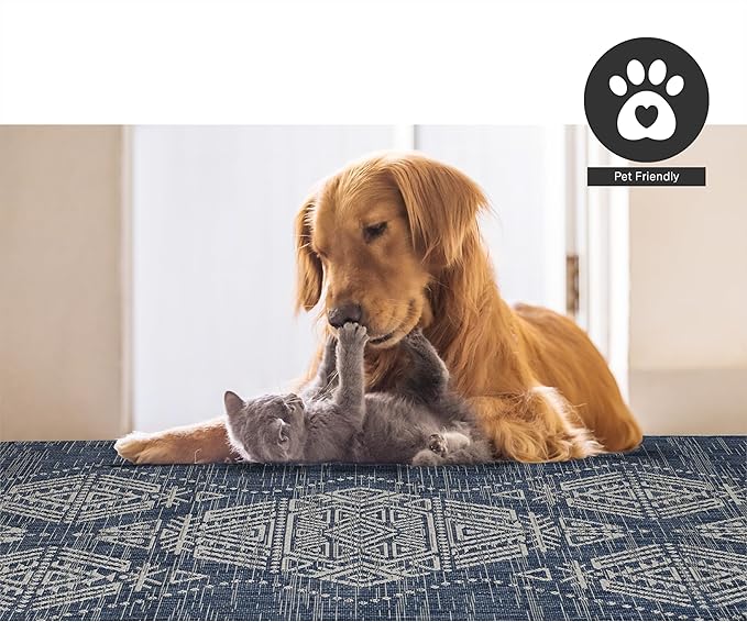 FH Home Outdoor Area Rug - Waterproof Easy to Clean Stain Resistant - Patio Indoor Outdoor Porch Deck Balcony Entryway - Boho Moroccan - Ariana - Blue - 7ft 10in x 10ft 9in
