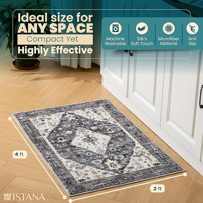 Istana Area Rug 2x4 - Dark Grey Blue & Rose Mauve 2x4 Washable Rug Non Slip - Pet Friendly Living Room Rug - Non Shedding Washable Rugs for Bedroom - Foldable Bathroom Rugs