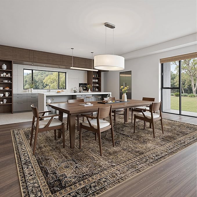 Washable 6x9 Area Rug for Living Room, Carpet for Bedroom Dining Room, Non Slip&Non-Shedding Resistant Low Pile Vintage Print Rug for Home Office (Brown1)