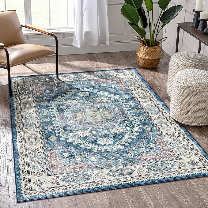 vivorug 4x6 Rug, Small Area Rug for Living Room, Bedroom, Kitchen, Machine Washable Non-Slip Throw Rug, Vintage Distressed Medallion Carpet for Entryway Nursery Dinner Room - Durable (Blue)
