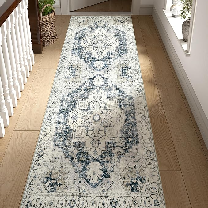 jinchan Kelda Runner Rug 3x8 Washable Rug Soft Hallway Runner Indoor Vintage Print Floor Cover Retro Distressed Lightweight Non-Slip Thin Carpet for Bathroom Kitchen Living Room Bedroom Grey