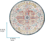 Livabliss Area Rugs - 7ft Round Odelia Vintage Boho Aqua Burgandy Blue Round Area Rug for Living Room Bedroom - Floral Medallion Stain Resistant Carpet for Kitchen, Nursery, Office (6'7" Round)