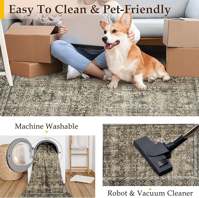 Brown Runner Rug 2'6"x8' Vintage Area Carpet Hallway Long Indoor Kitchen Washable Living Room Low Pile Traditional Distressed Retro Accent Rug Non Slip Laundry Bathroom Office Dining Room