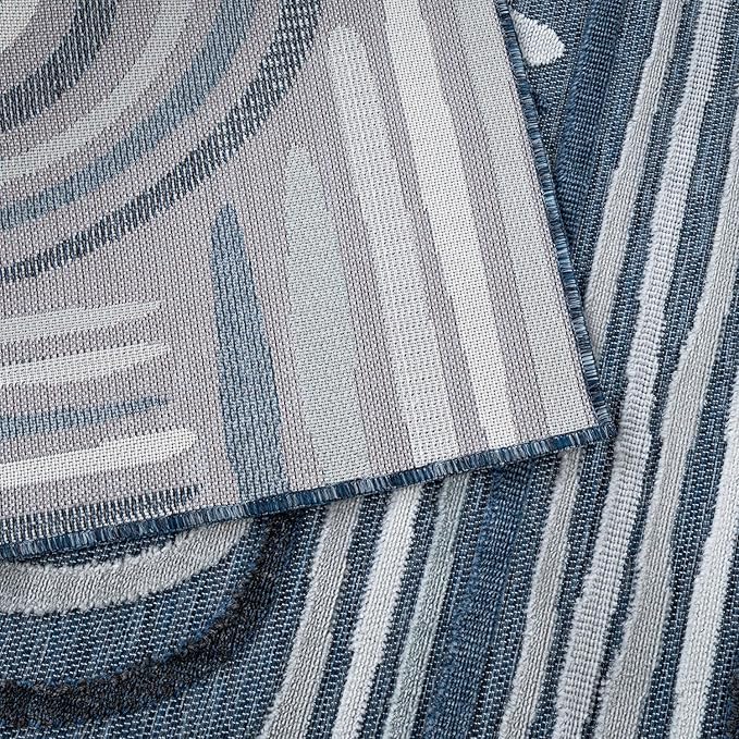 CAMILSON Indoor Outdoor Rug, Navy Blue 10x14 Geometric Arch Striped Large Area Rugs for Patio and Home Areas, Easy-Cleaning Non-Shedding Living Room, Garden and Deck Washable Outside Carpet 10 x 14