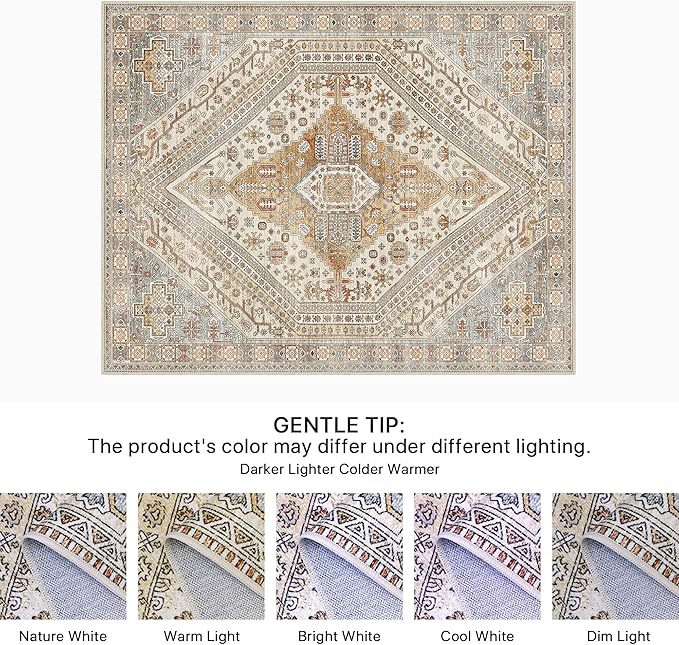 Bavni Washable Rug 8x10 Area Rug for Living Room Bedroom Dining, Washable Vintage Print Carpet, Ultra-Thin Chenille Low Pile Lightweight Rug with Non Slip Backing, Tan/Grey