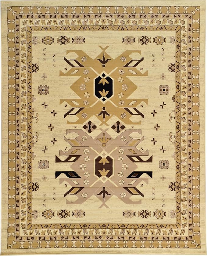 Unique Loom Taftan Collection Border Geometric Tribal Inspired Design Area Rug, 8 ft x 10 ft, Ivory/Tan