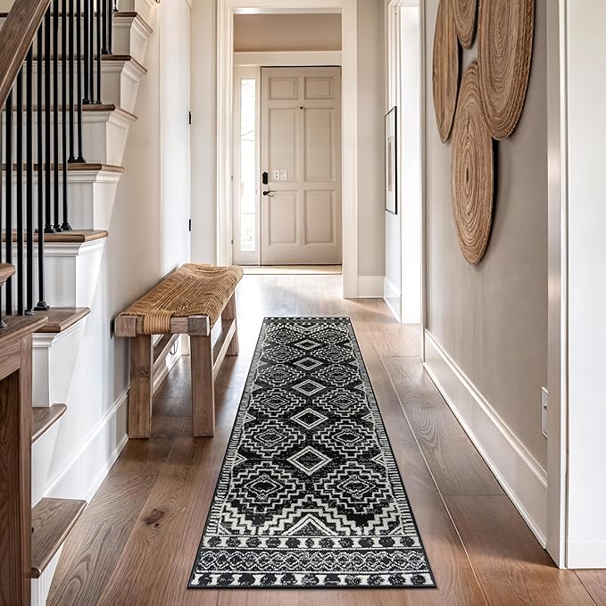 Rugshop Southwestern Black and White Tribal Area Rug – Geometric Diamond Pattern Carpet for Living Room, Bedroom, or Entryway – Boho Rustic Soft Floor Decor 2' 3" x 8' Runner Black