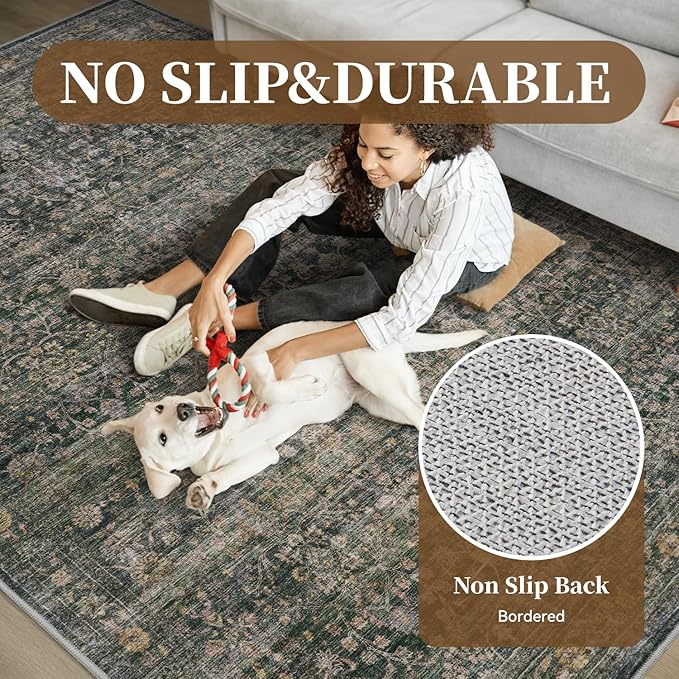 MontVoo-Vintage Area Rug 4X6 Green Rugs for Living Room-Soft Distressed Printed Rugs for Bedroom-Non Slip Carpet-Machine Washable Rug for Dining Room Living Room Bedside Office