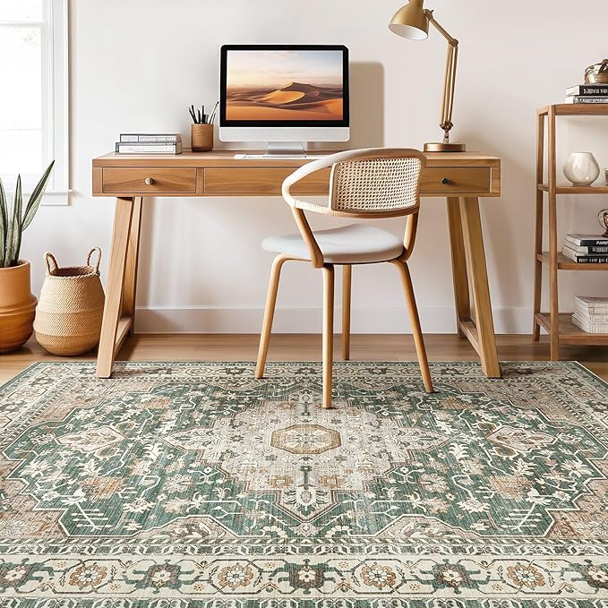 7x9 Area Rug Living Room: Machine Washable Boho Large Vintage Soft Rugs Stain Resistant Farmhouse Oriental Non Slip Indoor Floor Carpet for Bedroom Nursery Kids Playroom Office Dining Room- Green