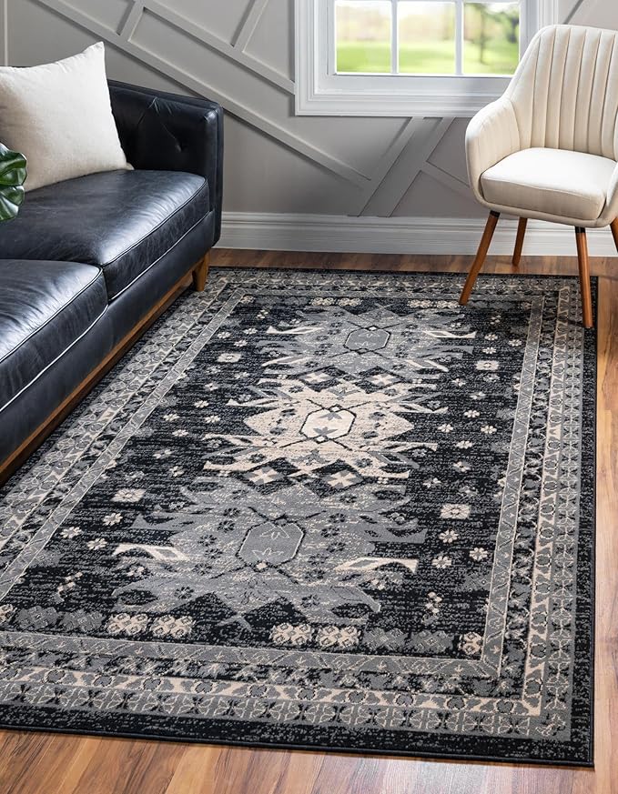 Unique Loom Taftan Collection Border Geometric Tribal Inspired Design Area Rug (7' 0 x 10' 0 Rectangular, Black/ Gray)