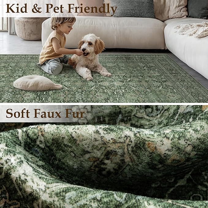 Area Rug 9x12 Green Washable Living Room Carpet Soft Non Slip Vintage Bedroom Indoor Office Traditional Retro Distressed Large Thicker Throw Rug for Dining Room Playroom