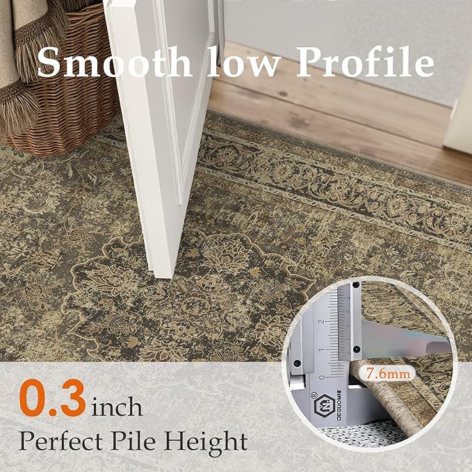 2x3 Brown Washable Vintage Area Rug for Living Room Bedroom Soft Tranditional Non Slip Thin Throw Rug Lightweight Floral Low Pile Distressed Doormat Entrance Dining Laundry Room Kitchen