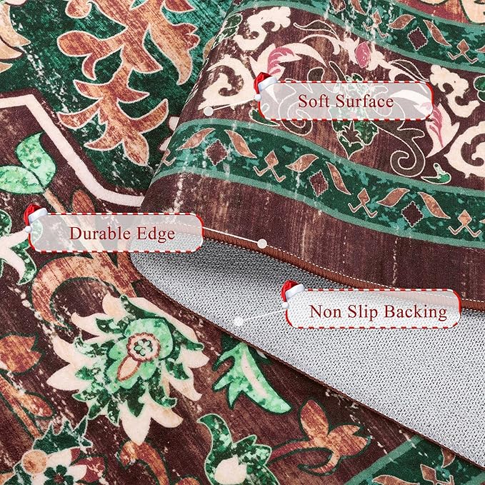 U'Artlines 2x3 Washable Boho Area Rug, Small Non Slip Vintage Doormat for Indoor Front Door Ultra Thin Mat Carpet for Entryway Kitchen Bathroom Bedroom Rust＆Teal