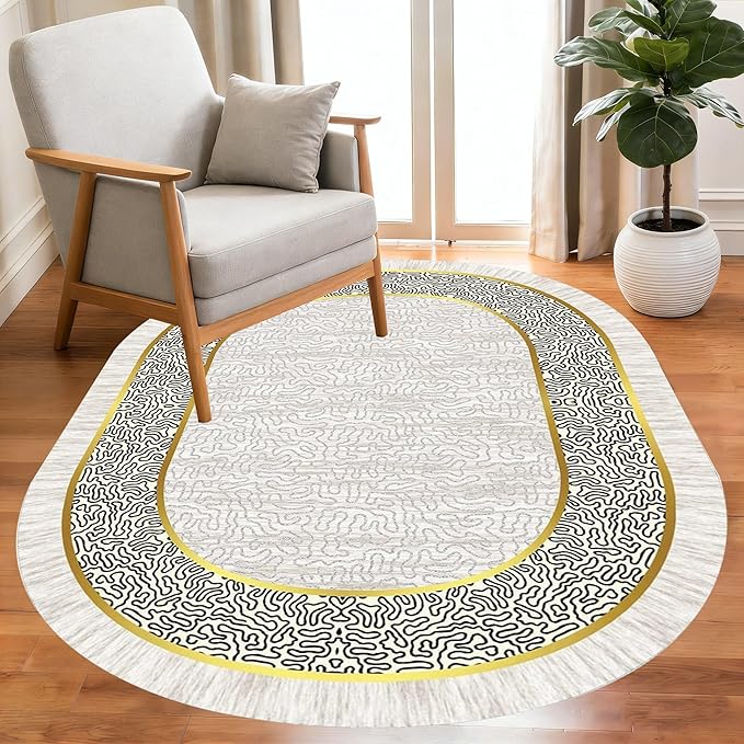 Off White Black Gold Indoor Rugs Modern Minimalist Abstract Geometric Pattern Home Office Area Rug 12x14 for Livingroom Bedroom Dining Room Soft Durable Non Skid Carpet Under Table Bordered Floor Mat