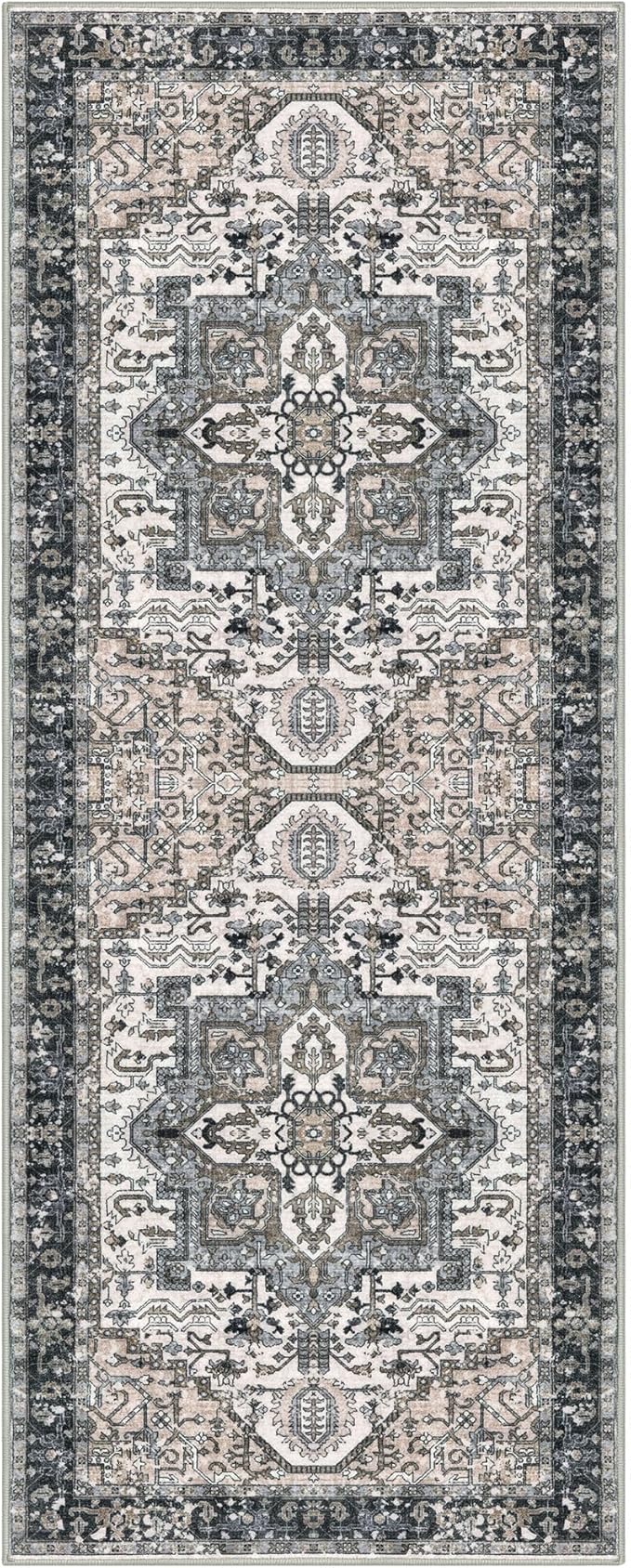KOZYFLY Boho Runner Rug 3x8 Ft Washable Hallway Rug Faux Wool Printed Long Floor Carpet for Entryway Bedroom Kitchen Living Room Indoor Soft Durable Design, Black/Taupe/Beige