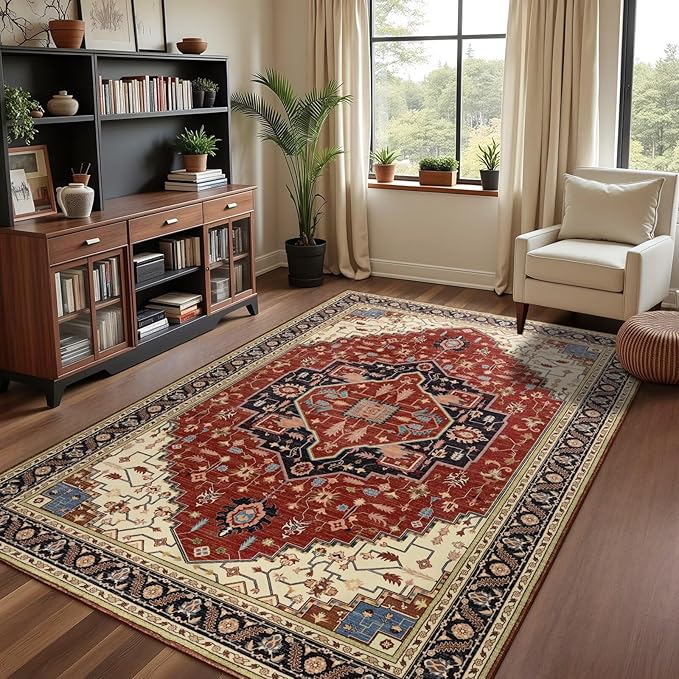 5x7 Orange Red Area Rug for Living Room, Machine Washable Rugs with Non-Slip Backing for Bedroom, Vintage Medallion Carpet Dining Room Office Kids Room Decor